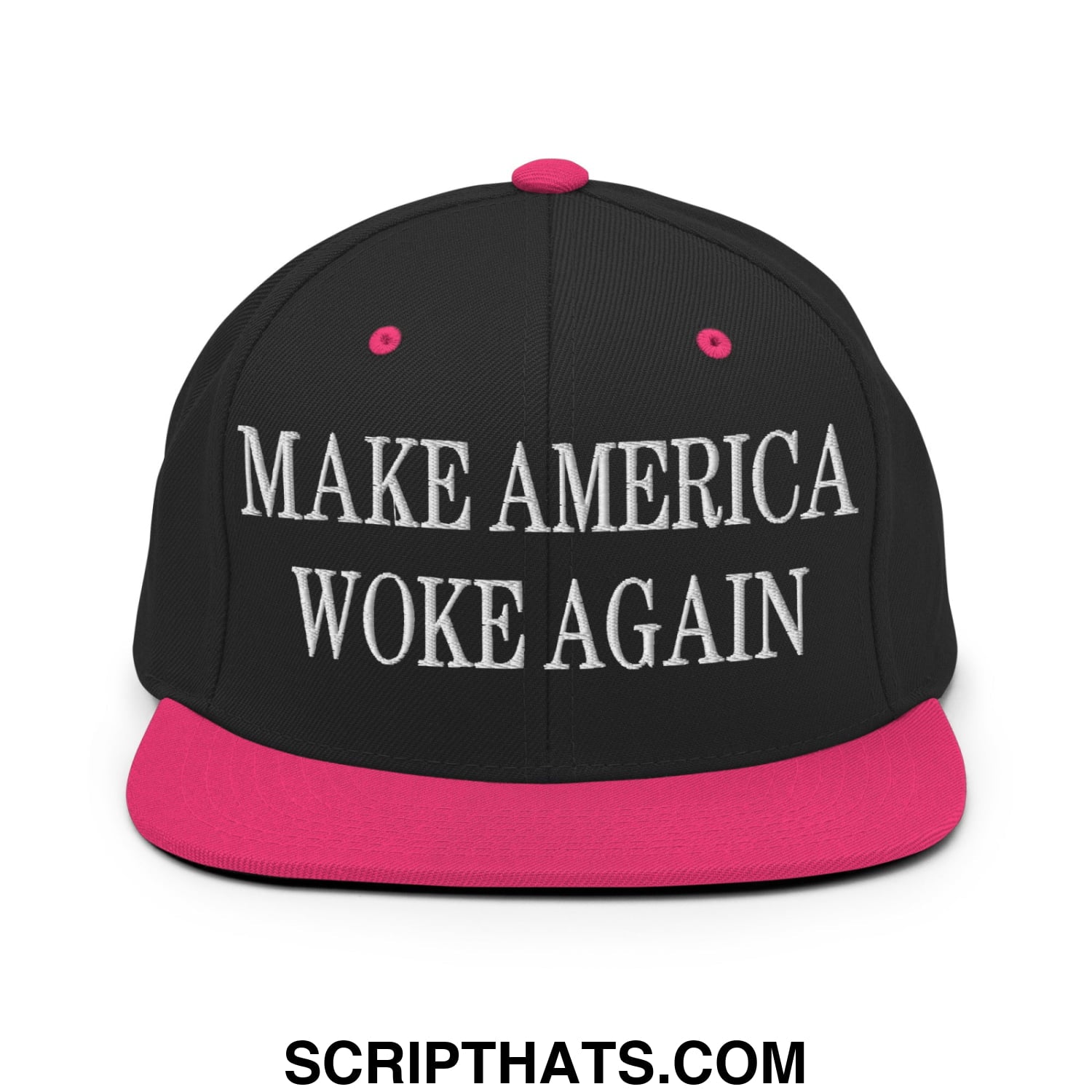 Black snapback hat with vibrant pink brim and button featuring white embroidered text make America woke again