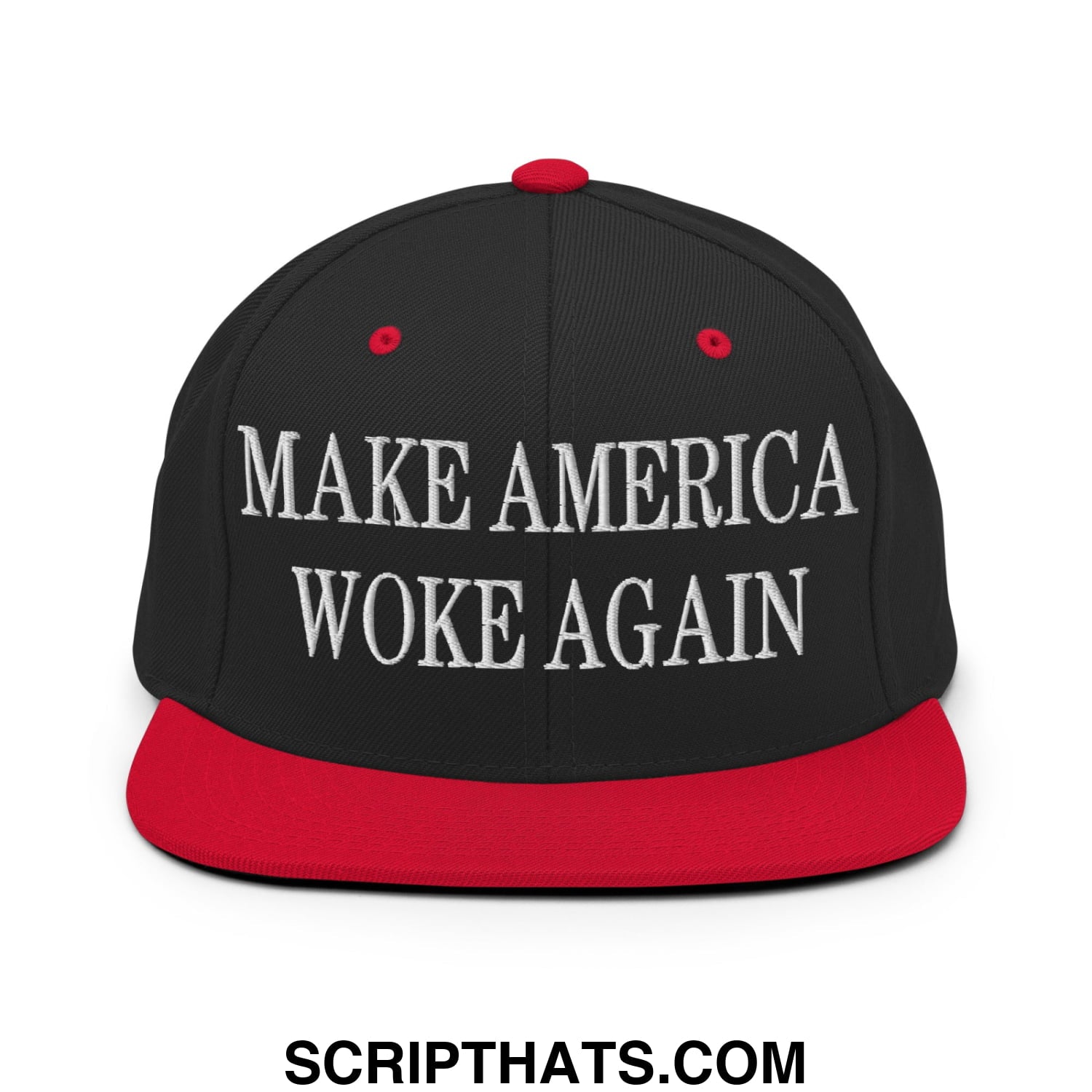 Black snapback cap with red brim and button featuring white embroidered make america woke again text