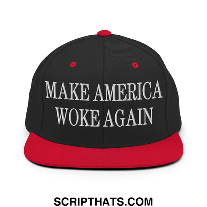 Black snapback cap with red brim and button featuring white embroidered make america woke again text