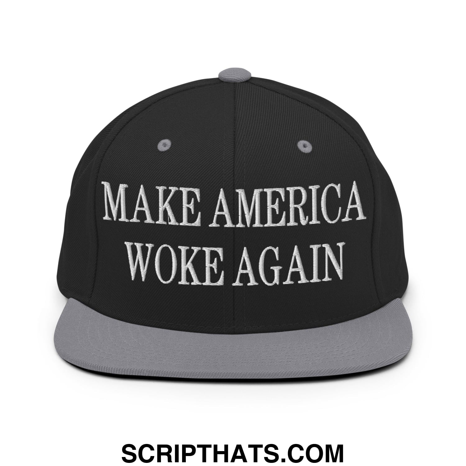 Black snapback cap with gray brim and white embroidered make america woke again text flat bill brim design