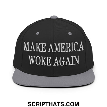 Black snapback cap with gray brim and white embroidered make america woke again text flat bill brim design