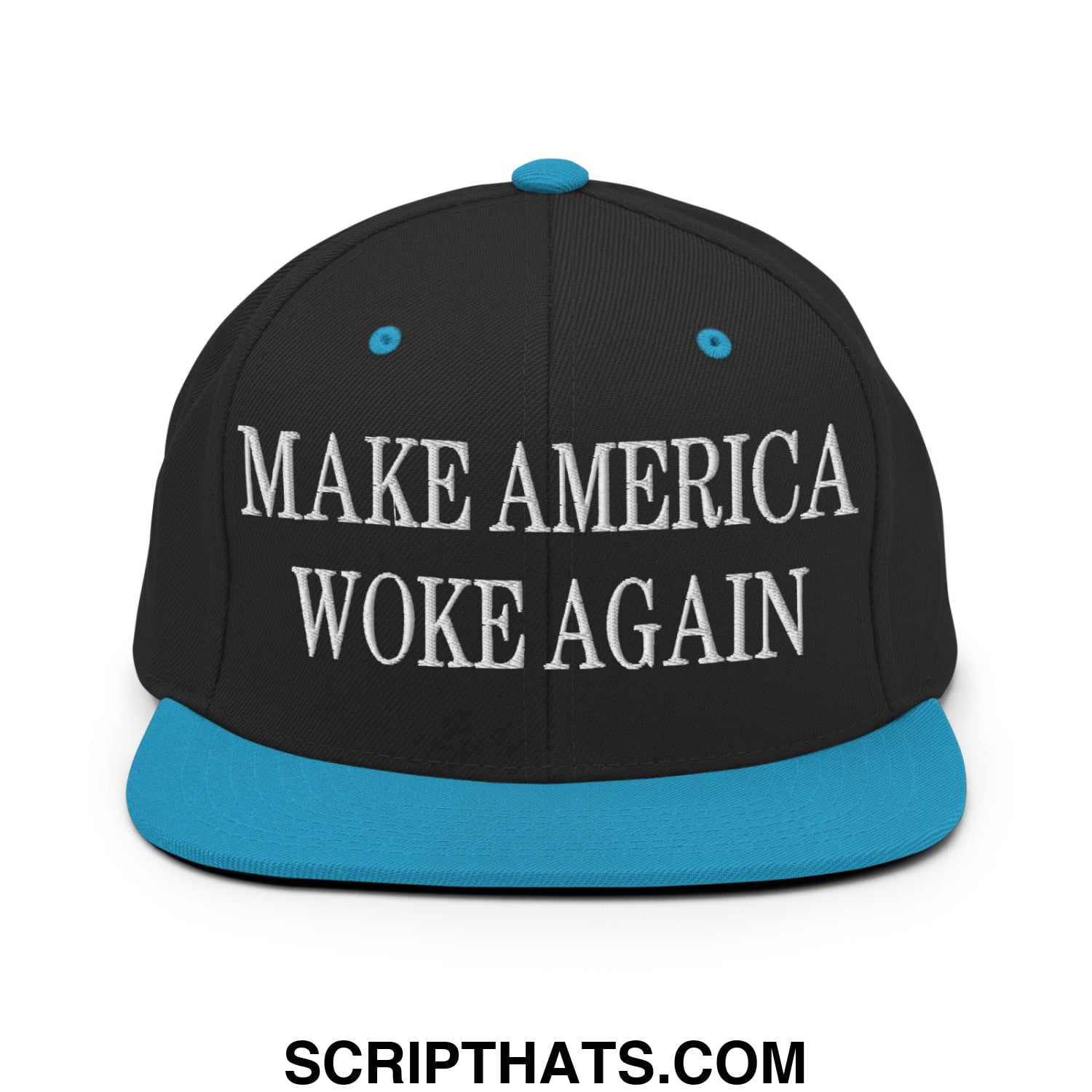 Black snapback cap with teal brim and button featuring white embroidered make america woke again text
