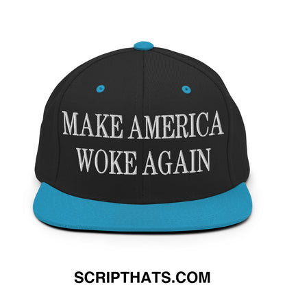 Black snapback cap with teal brim and button featuring white embroidered make america woke again text