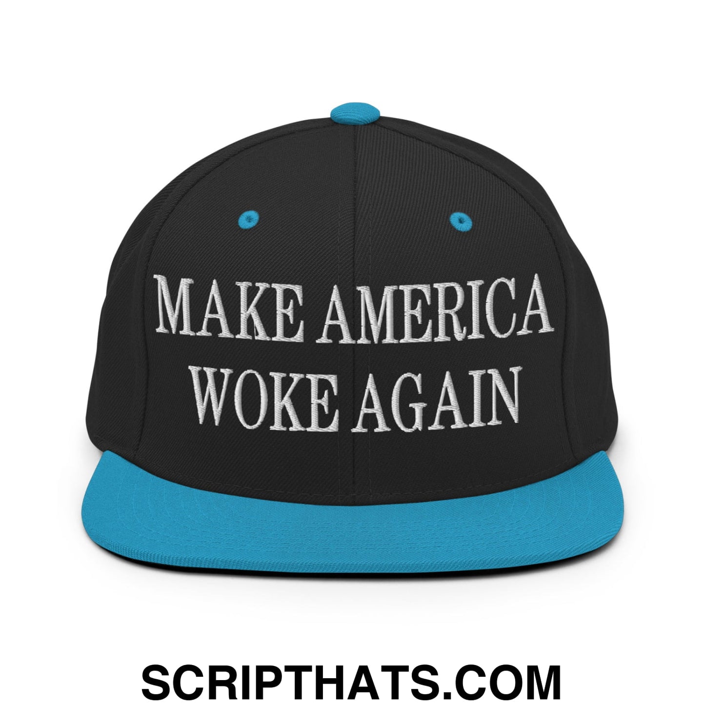 Black snapback cap with teal brim and button featuring white embroidered make america woke again text