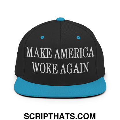 Black snapback cap with teal brim and button featuring white embroidered make america woke again text