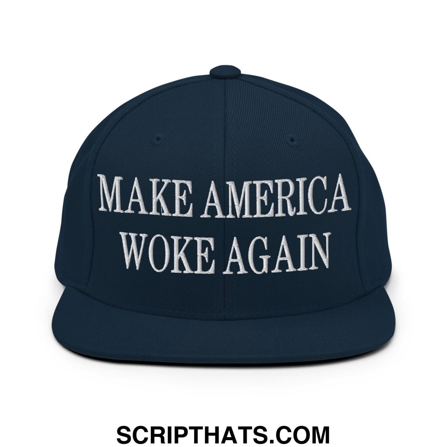 Navy blue embroidered flat bill brim snapback hat with white make america woke again text