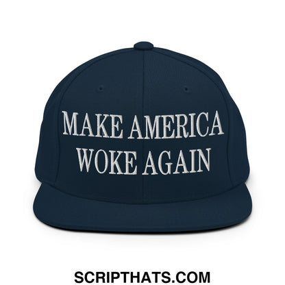 Navy blue embroidered flat bill brim snapback hat with white make america woke again text