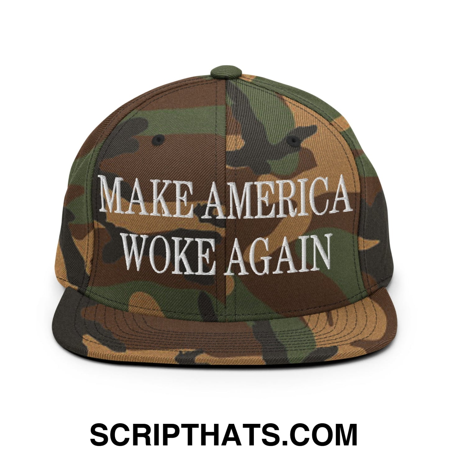Camouflage pattern snapback cap with flat bill brim and white embroidered text make america woke again