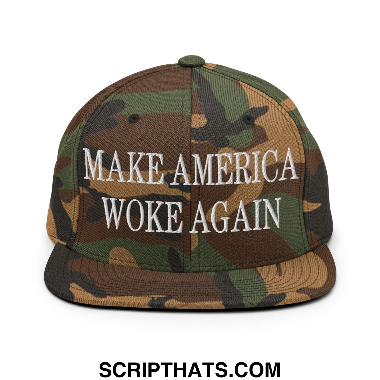 Camouflage pattern snapback cap with flat bill brim and white embroidered text make america woke again
