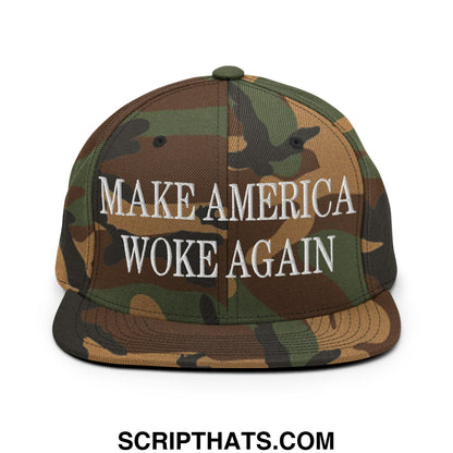 Camouflage pattern snapback cap with flat bill brim and white embroidered text make america woke again