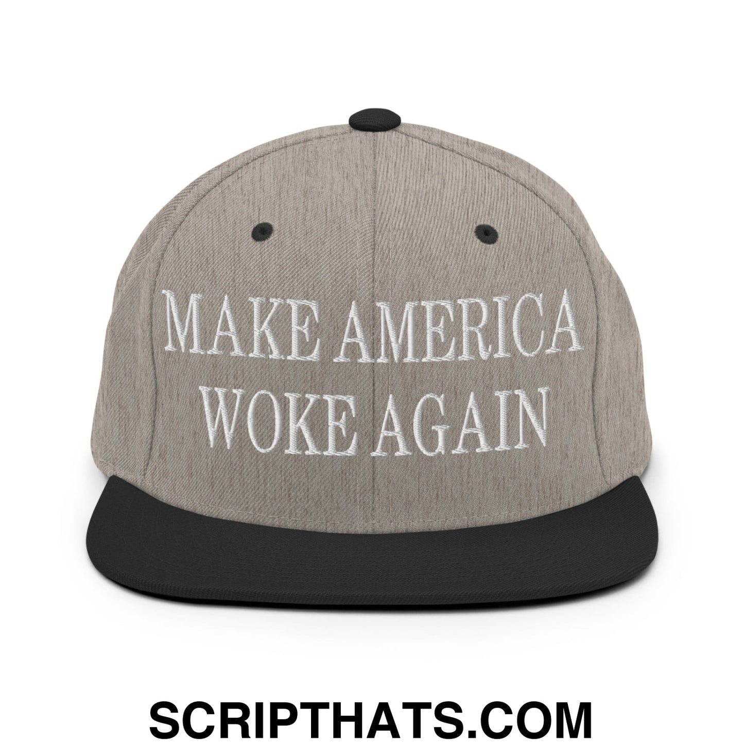 Gray heather snapback cap with black flat brim and white embroidered make america woke again text