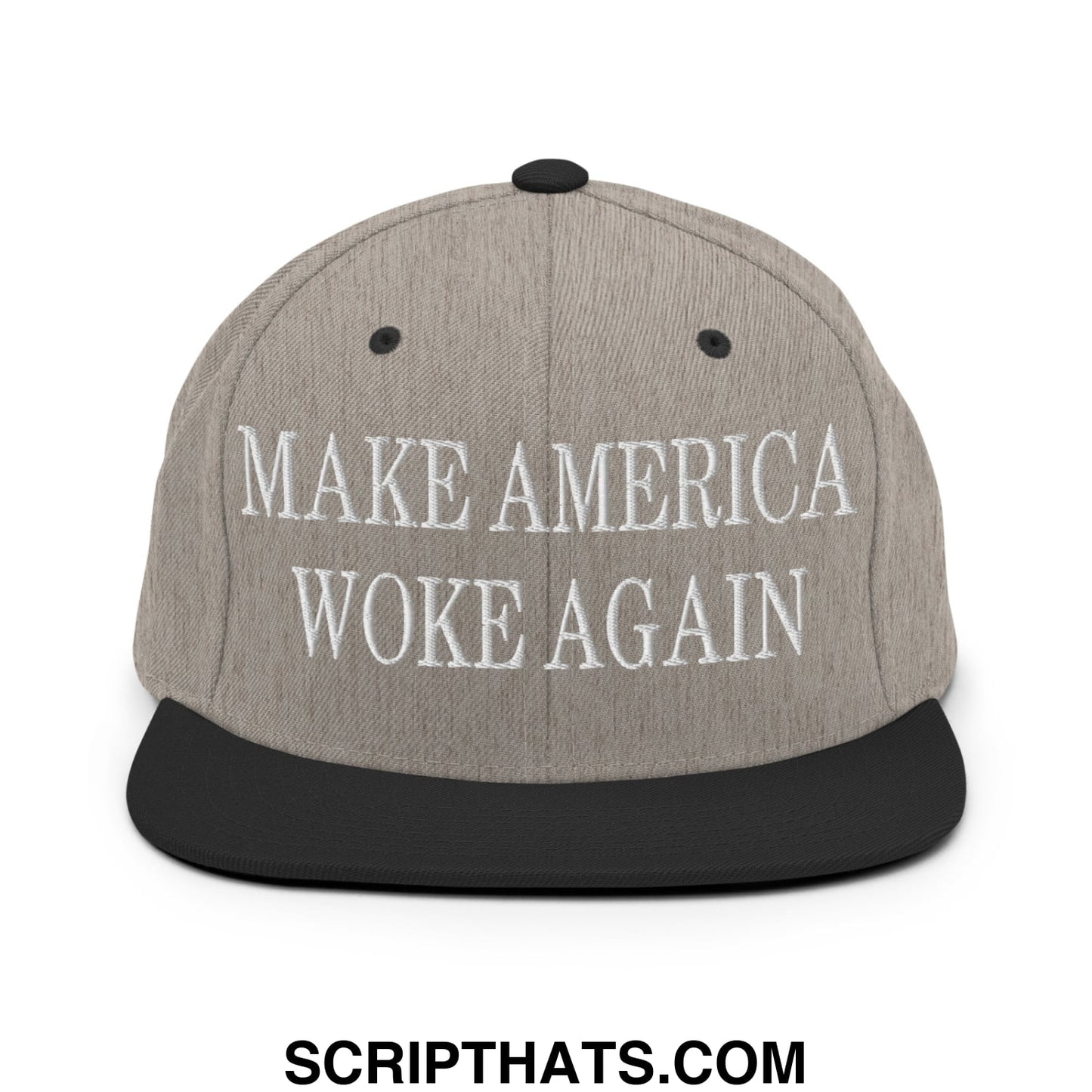 Gray heather snapback cap with black flat brim and white embroidered make america woke again text