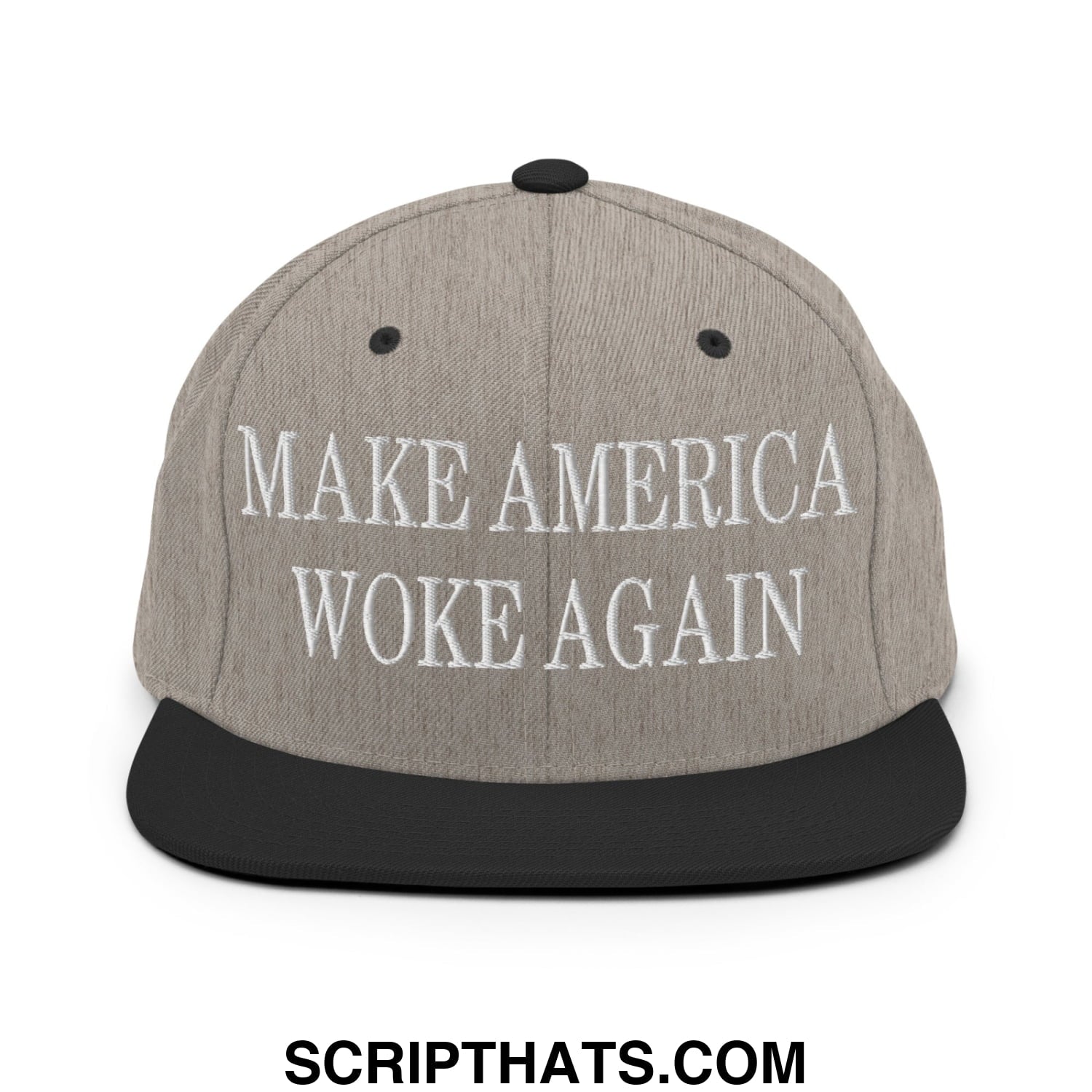 Gray heather snapback cap with black flat brim and white embroidered make america woke again text