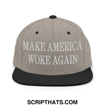 Gray heather snapback cap with black flat brim and white embroidered make america woke again text