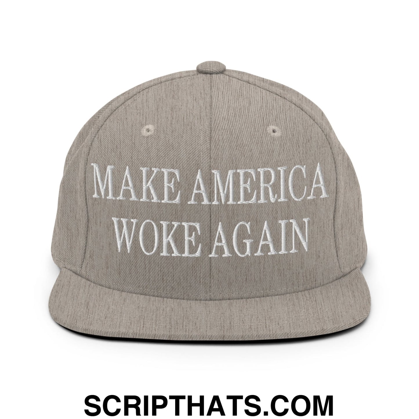 Gray flat bill brim snapback hat with white embroidered make america woke again text for casual wear