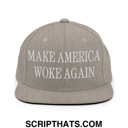 Gray flat bill brim snapback hat with white embroidered make america woke again text for casual wear