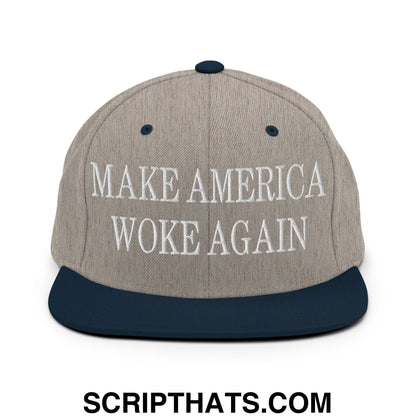 Gray and navy blue snapback cap with white embroidered text reading make america woke again on flat bill brim