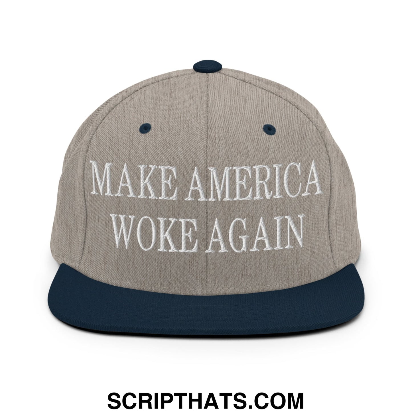 Gray and navy blue snapback cap with white embroidered text reading make america woke again on flat bill brim