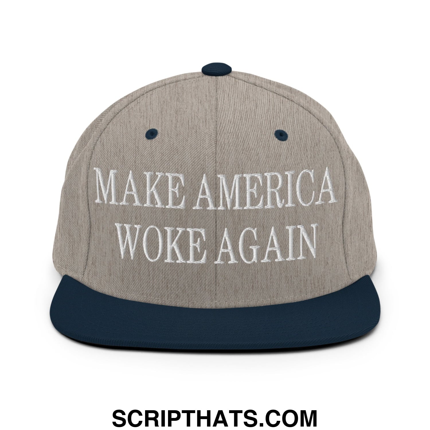 Gray and navy blue snapback cap with white embroidered text reading make america woke again on flat bill brim