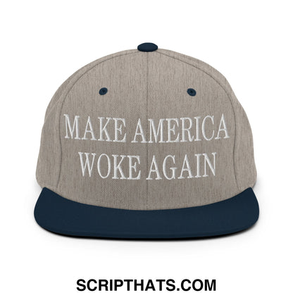 Gray and navy blue snapback cap with white embroidered text reading make america woke again on flat bill brim