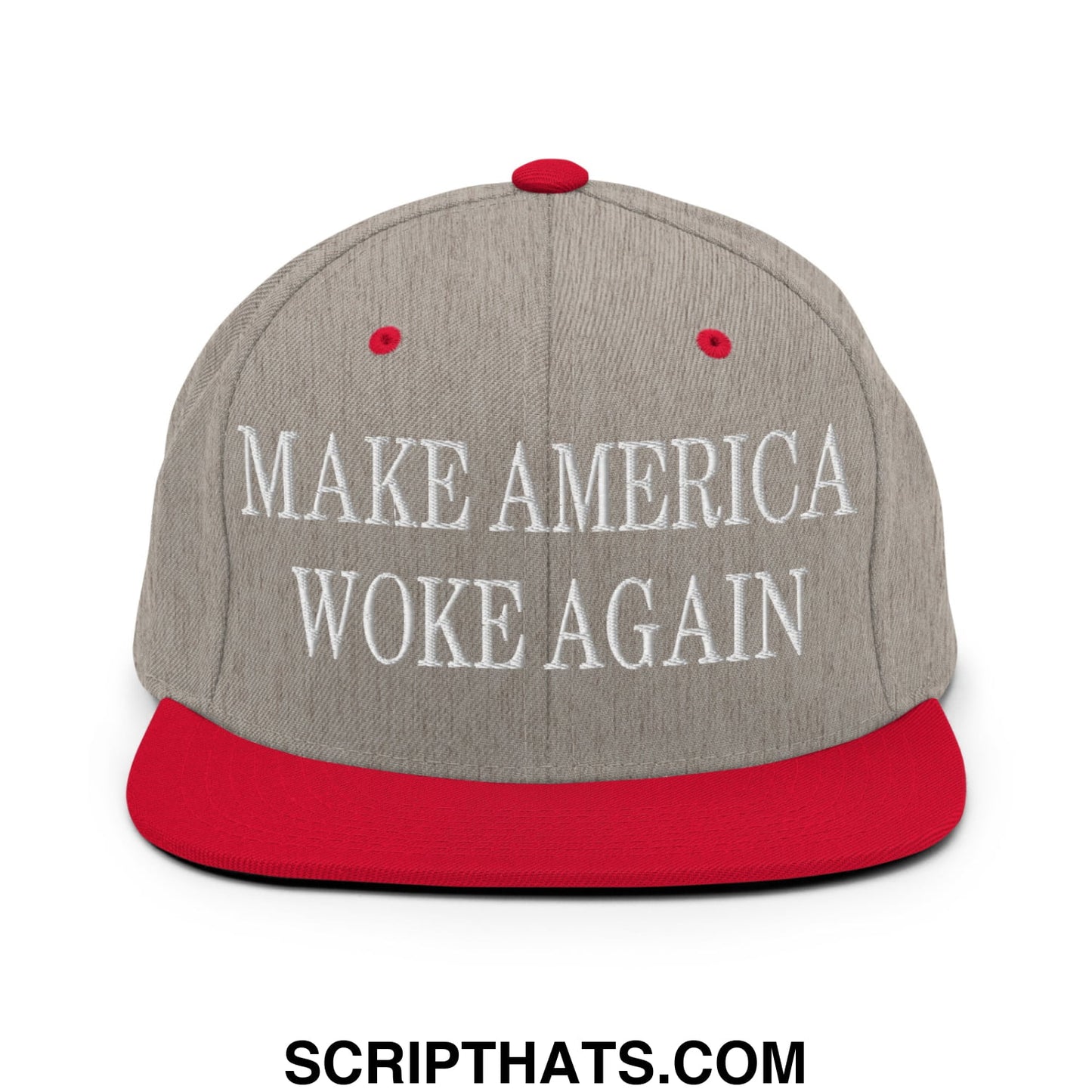 Gray snapback cap with red brim and button featuring white embroidered text make america woke again