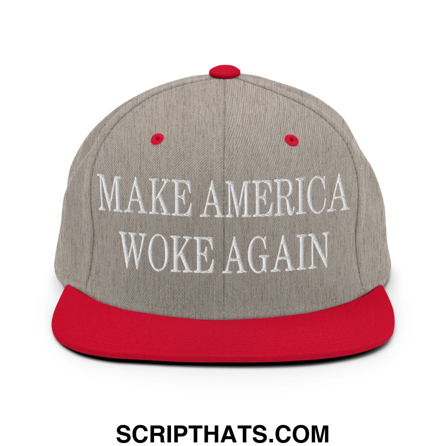 Gray snapback cap with red brim and button featuring white embroidered text make america woke again