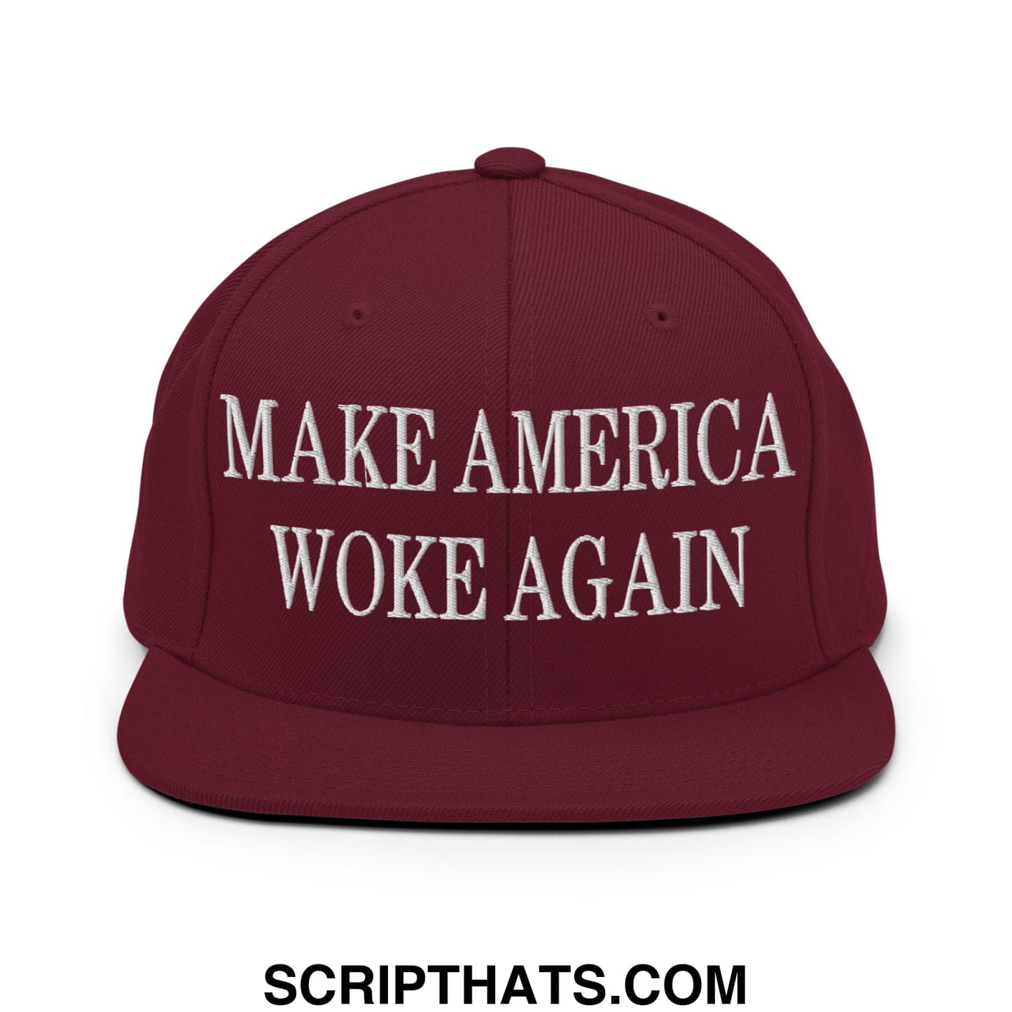 Maroon make america woke again embroidered flat bill brim snapback hat with white text for casual wear