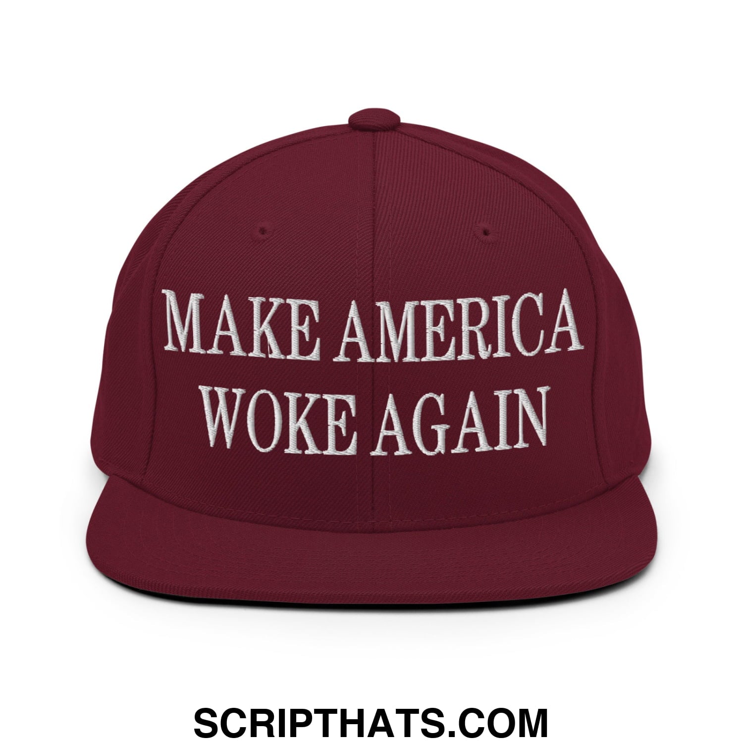 Maroon make america woke again embroidered flat bill brim snapback hat with white text for casual wear