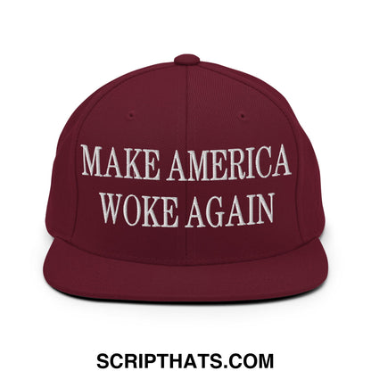 Maroon make america woke again embroidered flat bill brim snapback hat with white text for casual wear