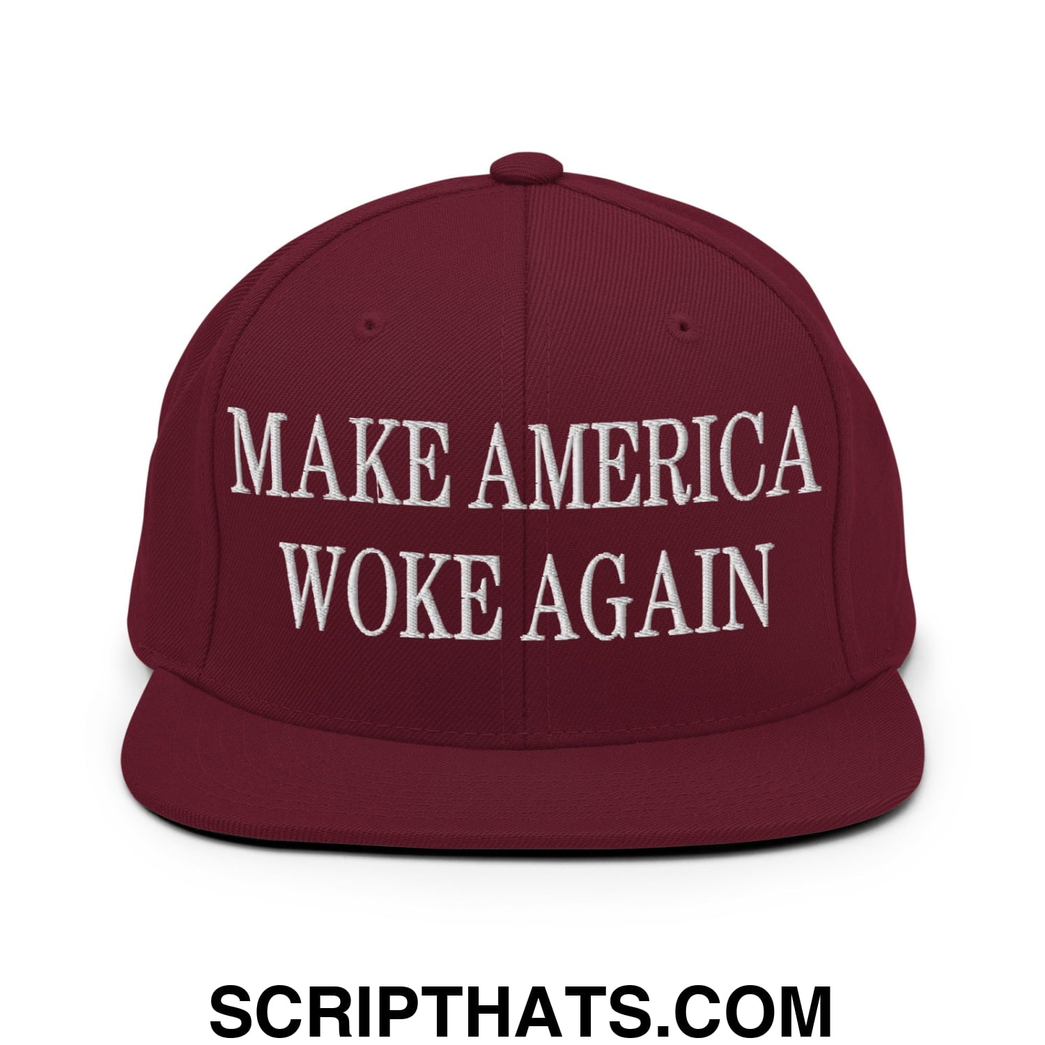 Maroon make america woke again embroidered flat bill brim snapback hat with white text for casual wear