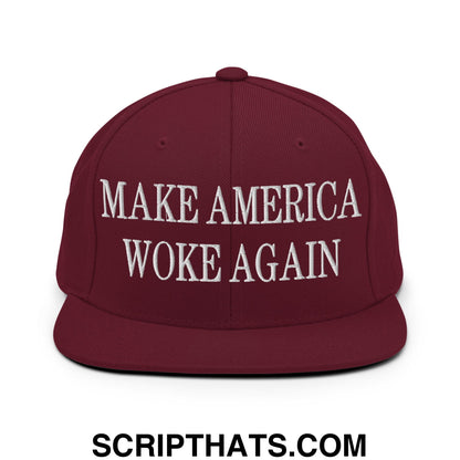 Maroon make america woke again embroidered flat bill brim snapback hat with white text for casual wear