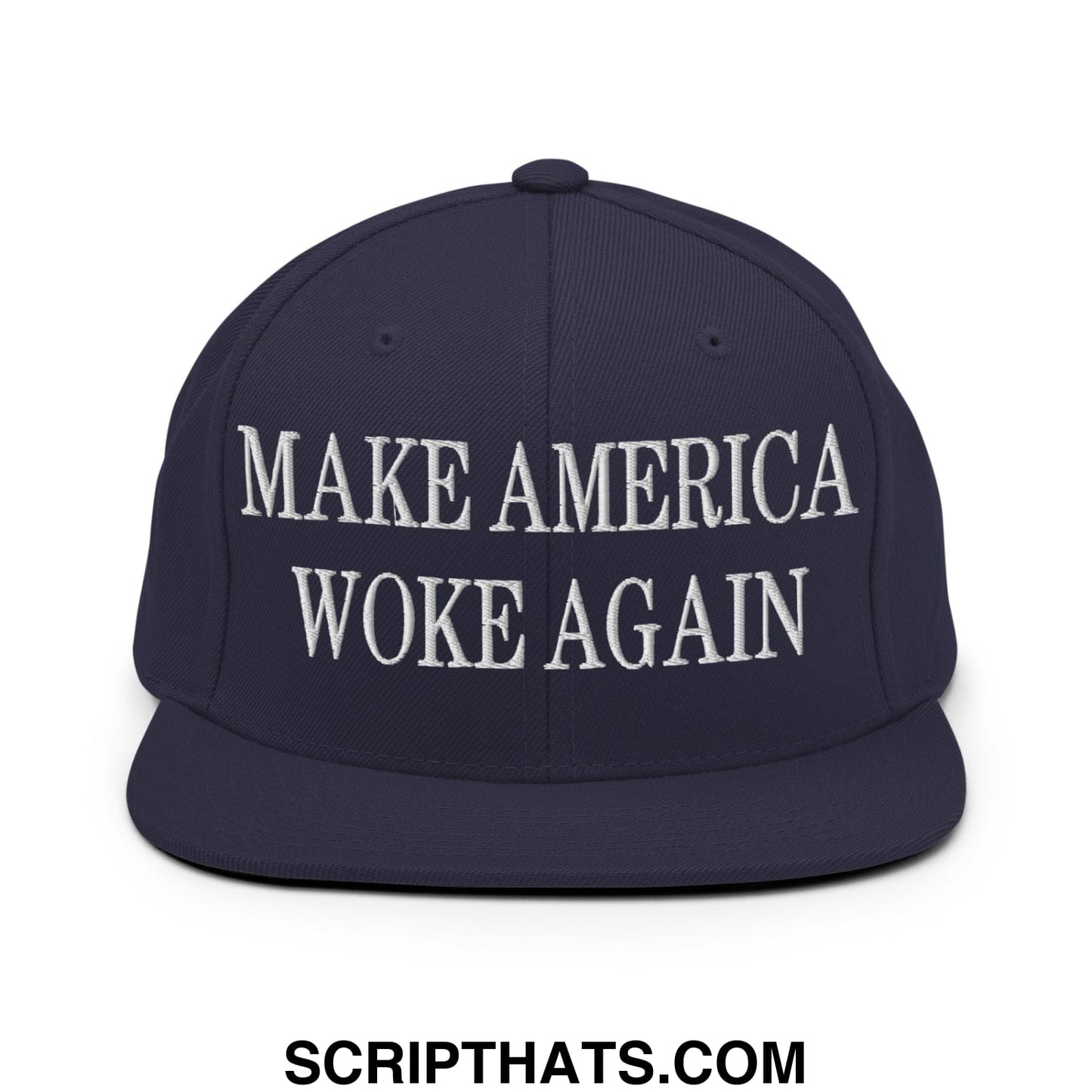 Navy blue snapback hat with white embroidered make america woke again text and flat bill brim design