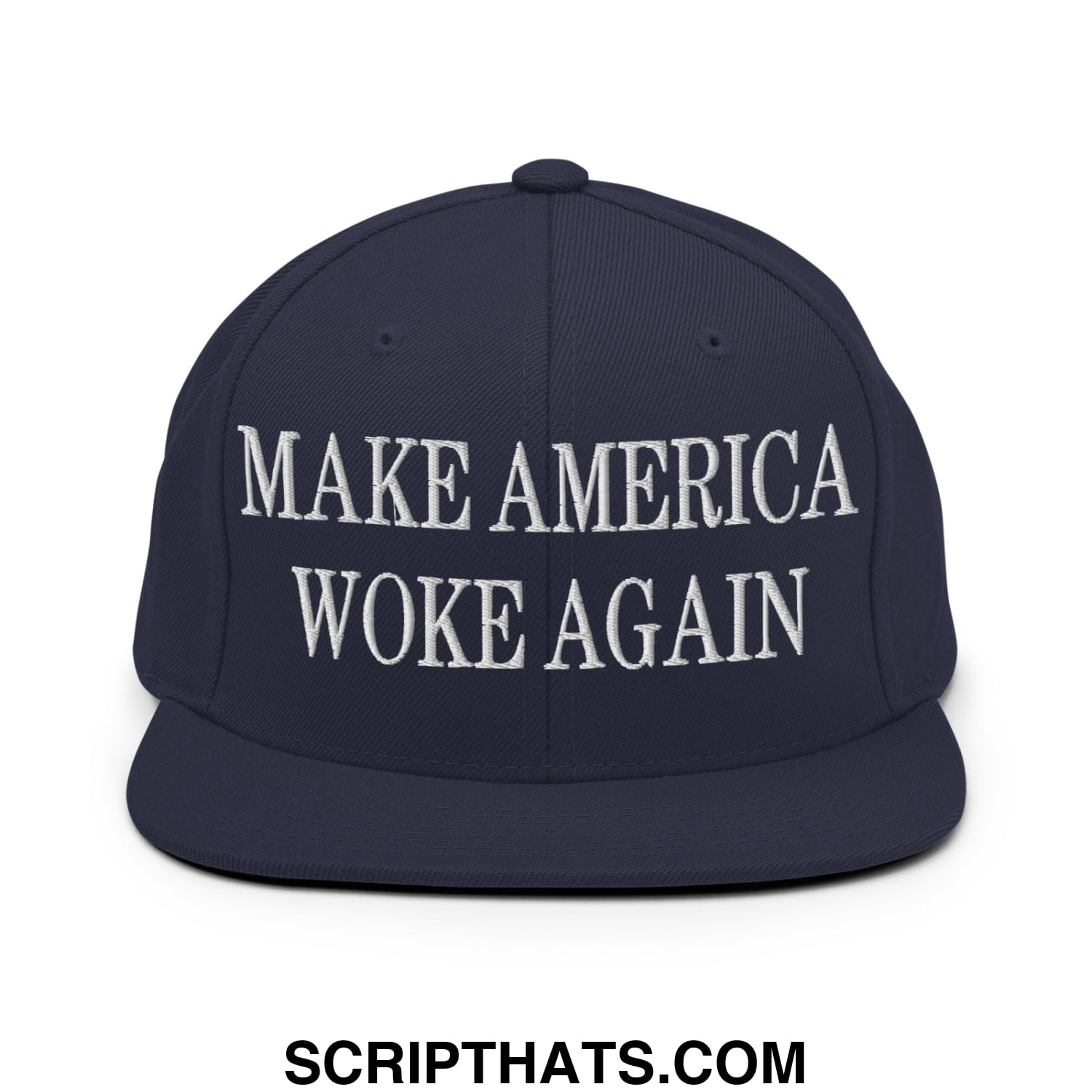 Navy blue snapback hat with white embroidered make america woke again text and flat bill brim design