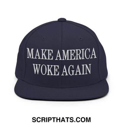 Navy blue snapback hat with white embroidered make america woke again text and flat bill brim design