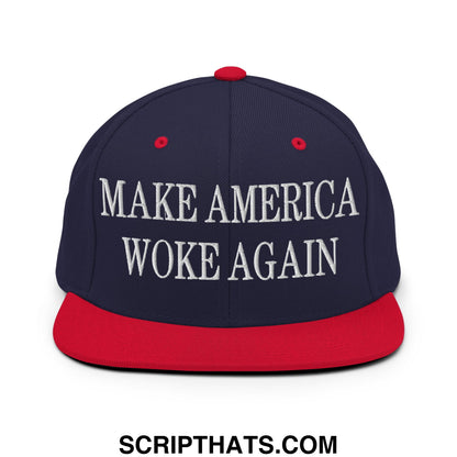 Navy blue and red snapback hat with white embroidered make america woke again text and flat bill brim