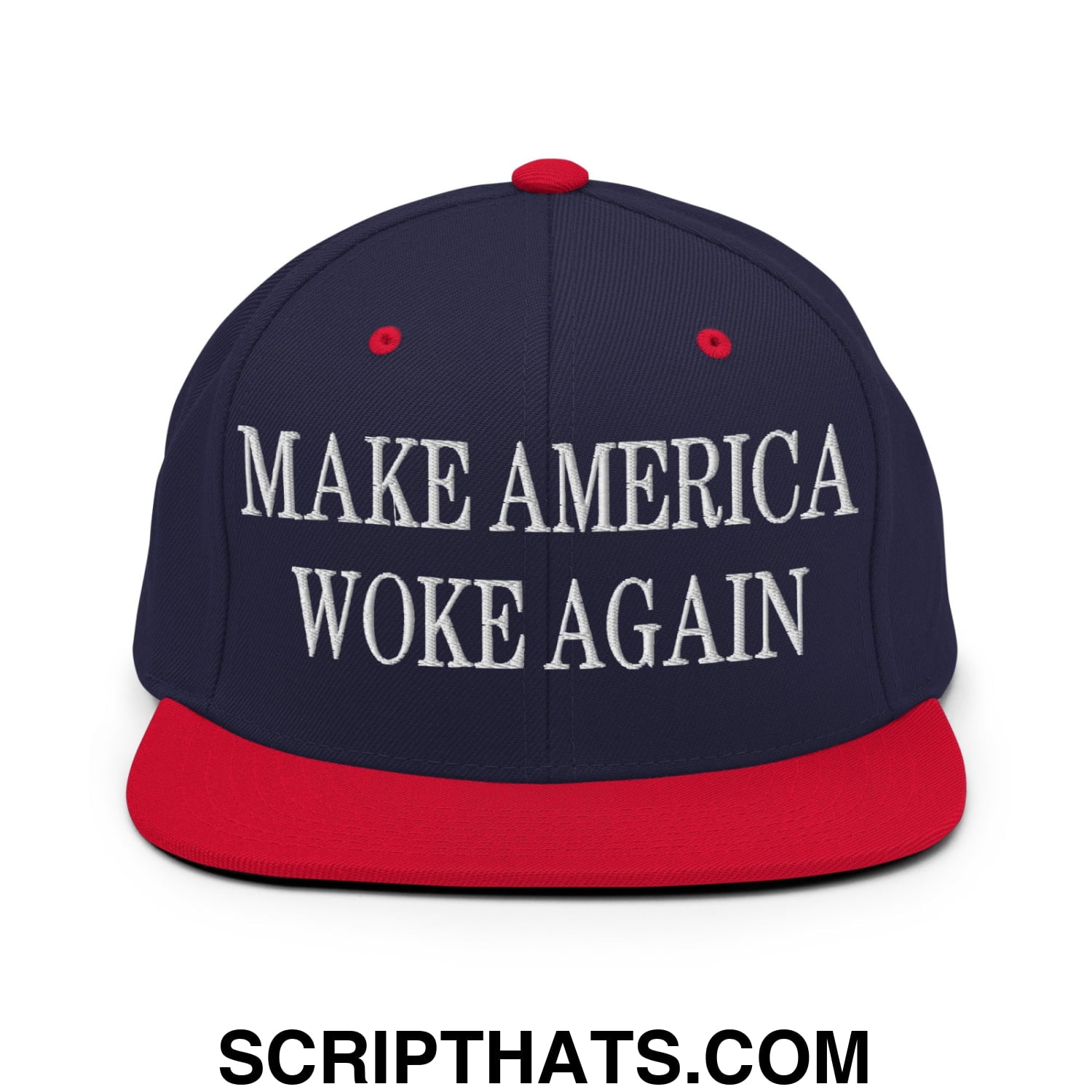 Navy blue and red snapback hat with white embroidered make america woke again text and flat bill brim