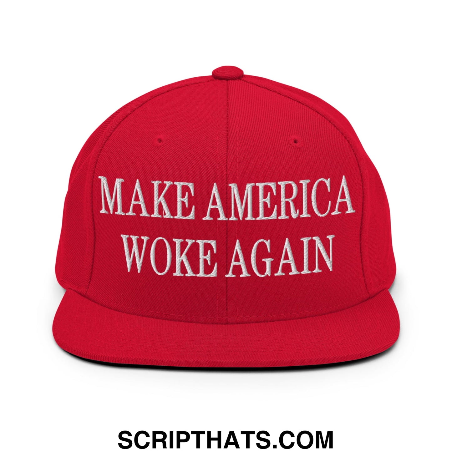 Red snapback cap with embroidered white text make america woke again flat bill brim for casual wear