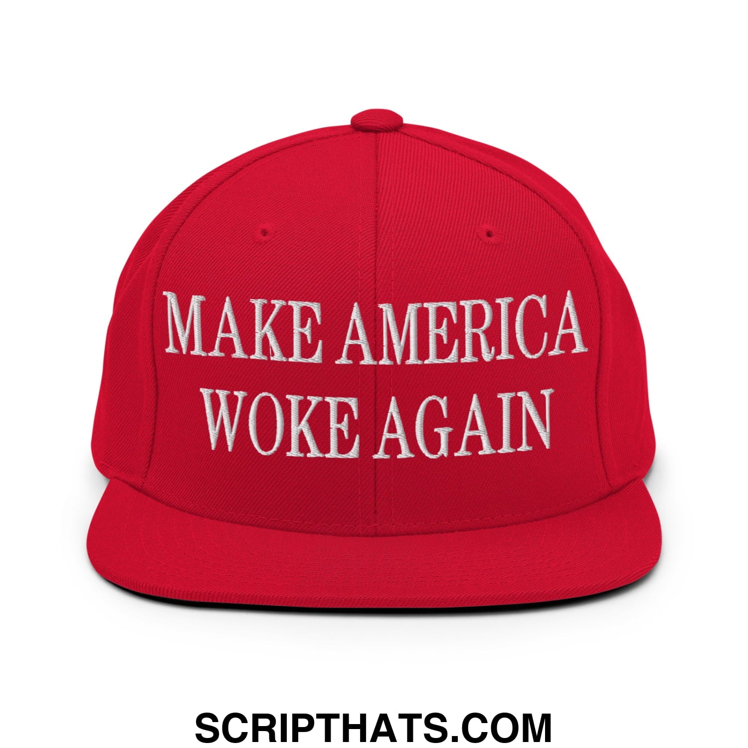 Red snapback cap with embroidered white text make america woke again flat bill brim for casual wear