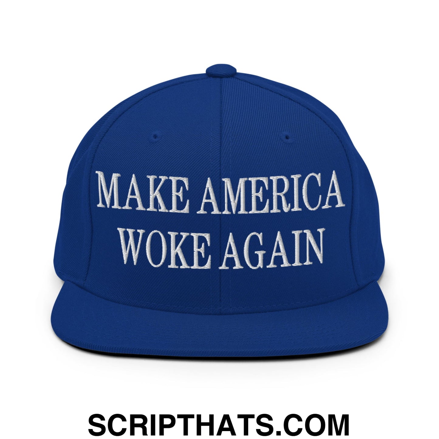 Royal blue snapback hat with white embroidered make America woke again text and flat bill brim design