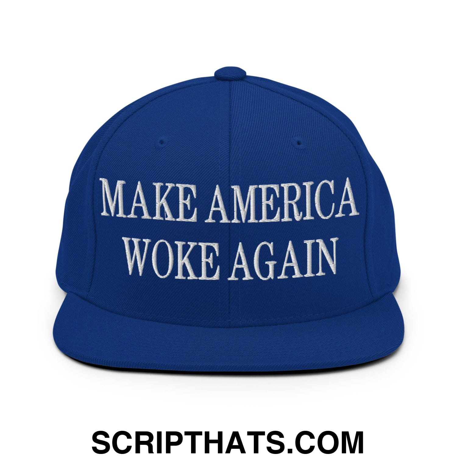 Royal blue snapback hat with white embroidered make America woke again text and flat bill brim design
