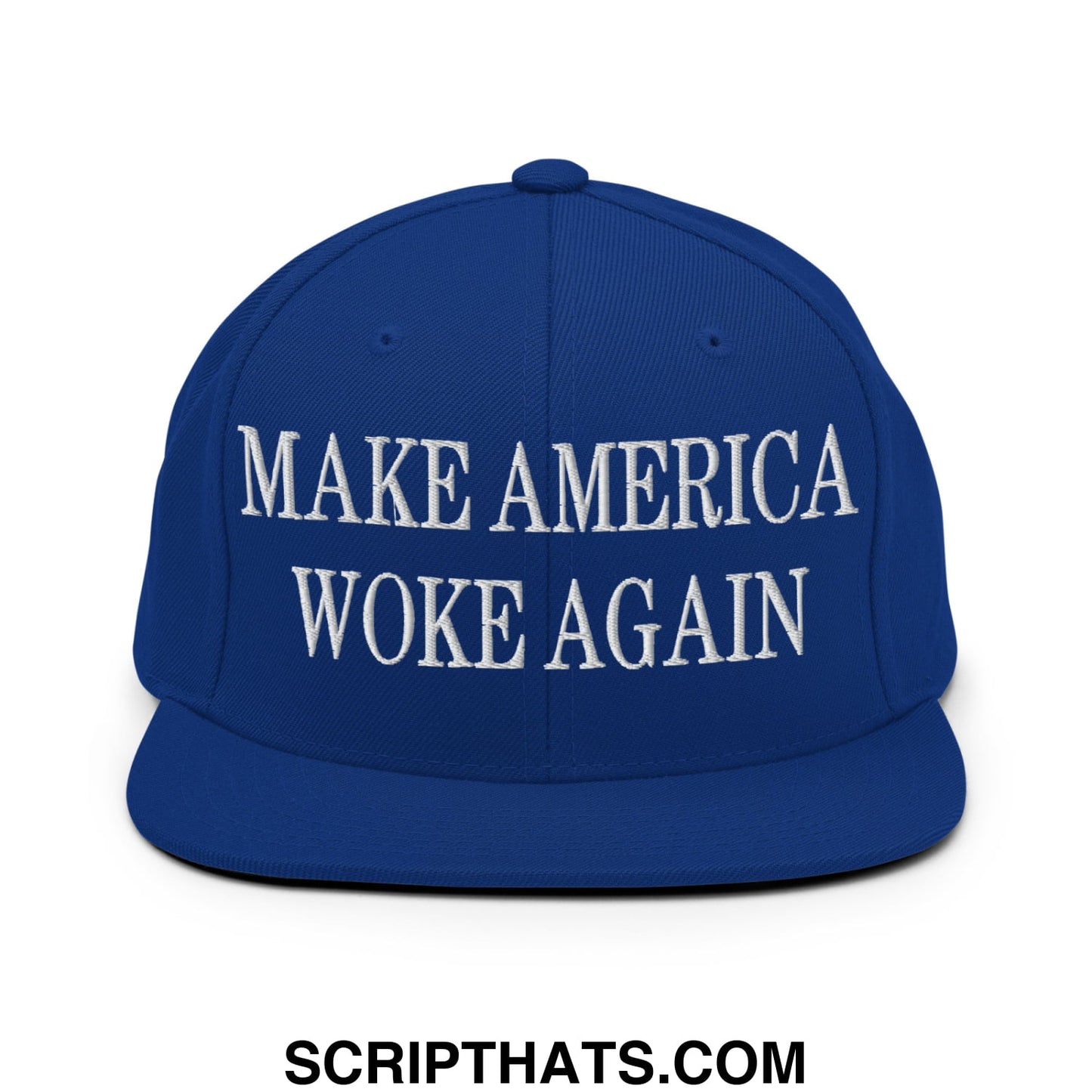 Royal blue snapback hat with white embroidered make America woke again text and flat bill brim design