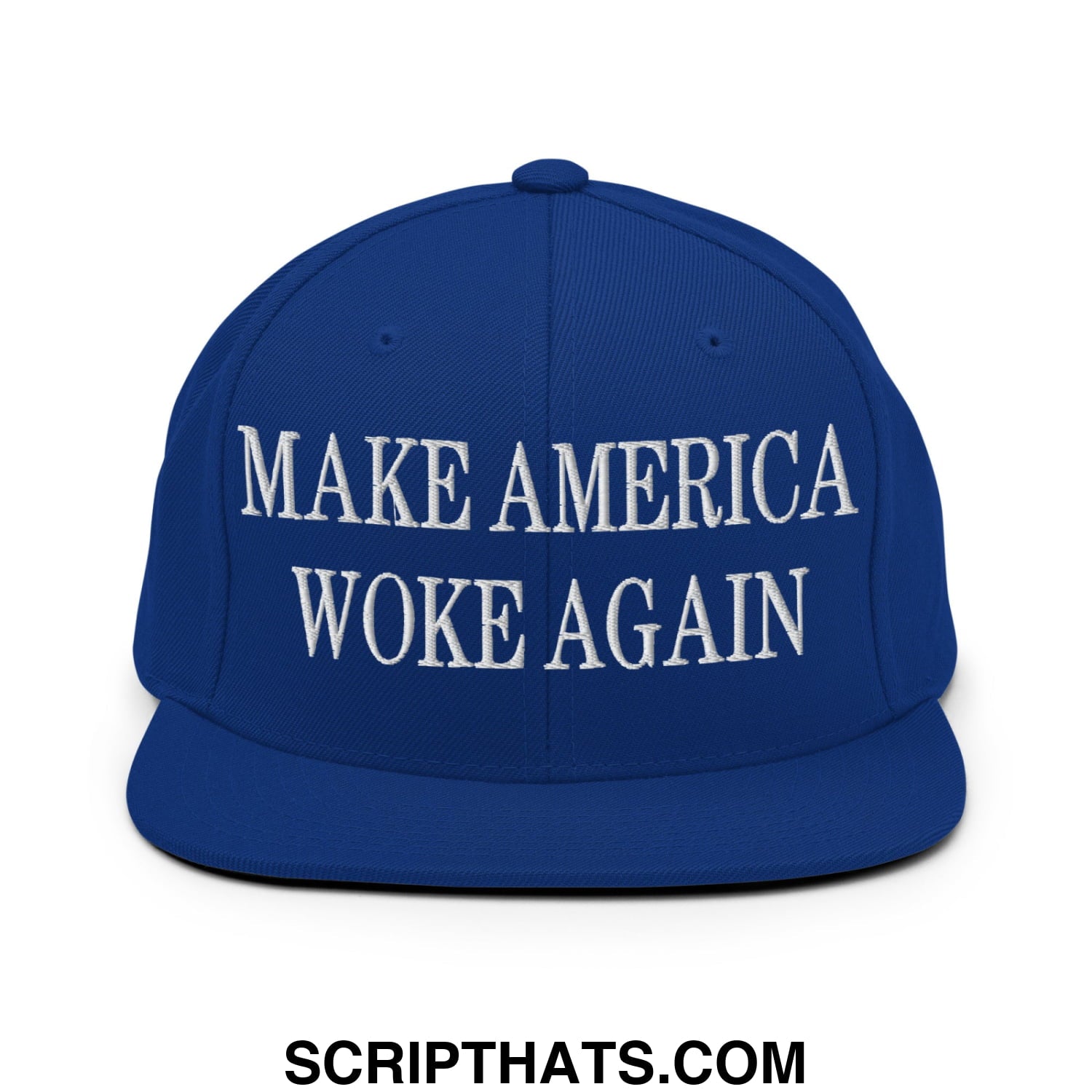 Royal blue snapback hat with white embroidered make America woke again text and flat bill brim design