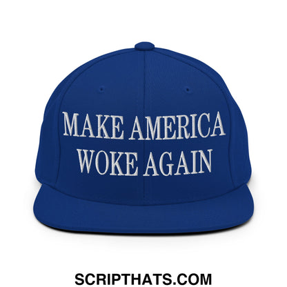 Royal blue snapback hat with white embroidered make America woke again text and flat bill brim design