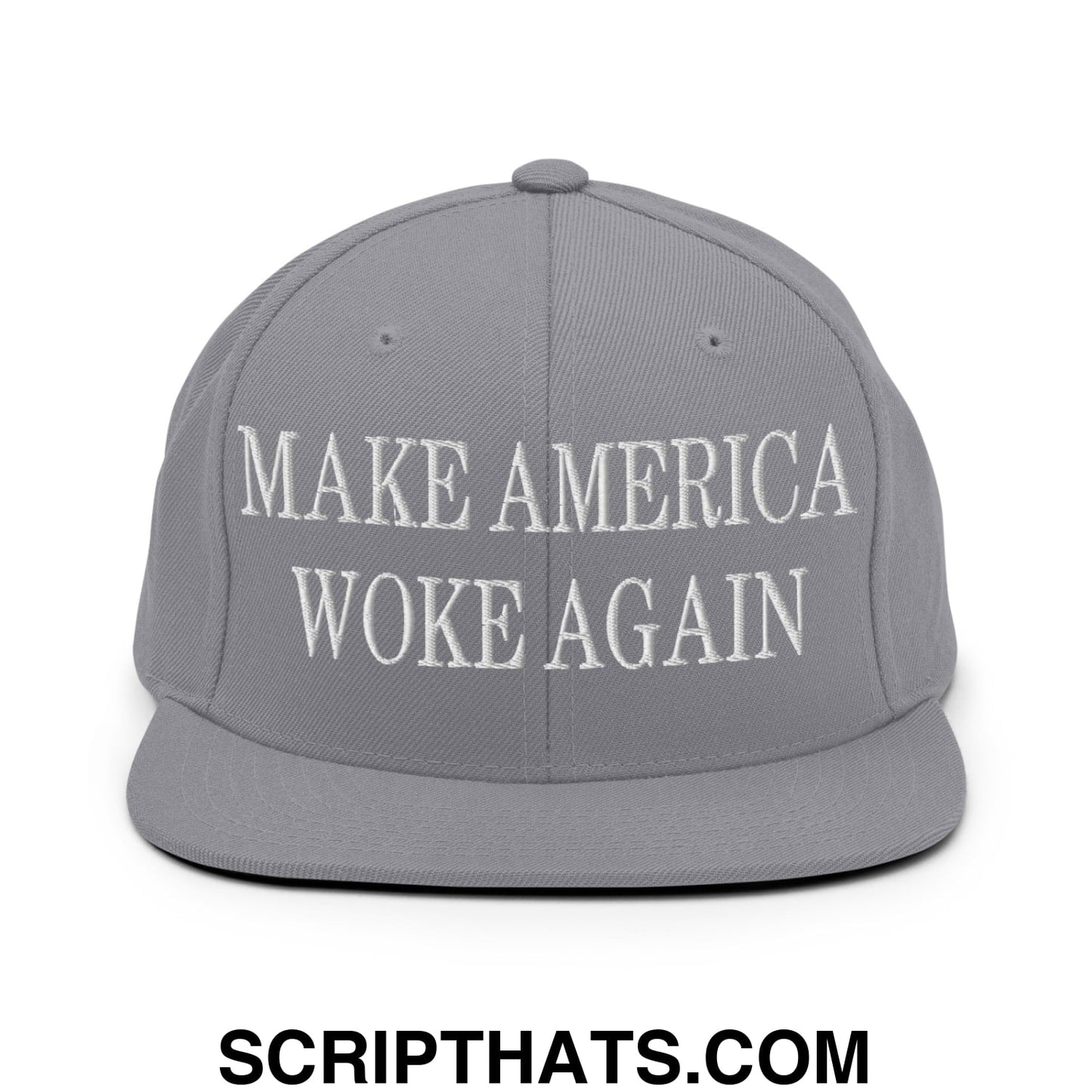 Gray embroidered flat bill snapback hat with white make america woke again text for casual wear