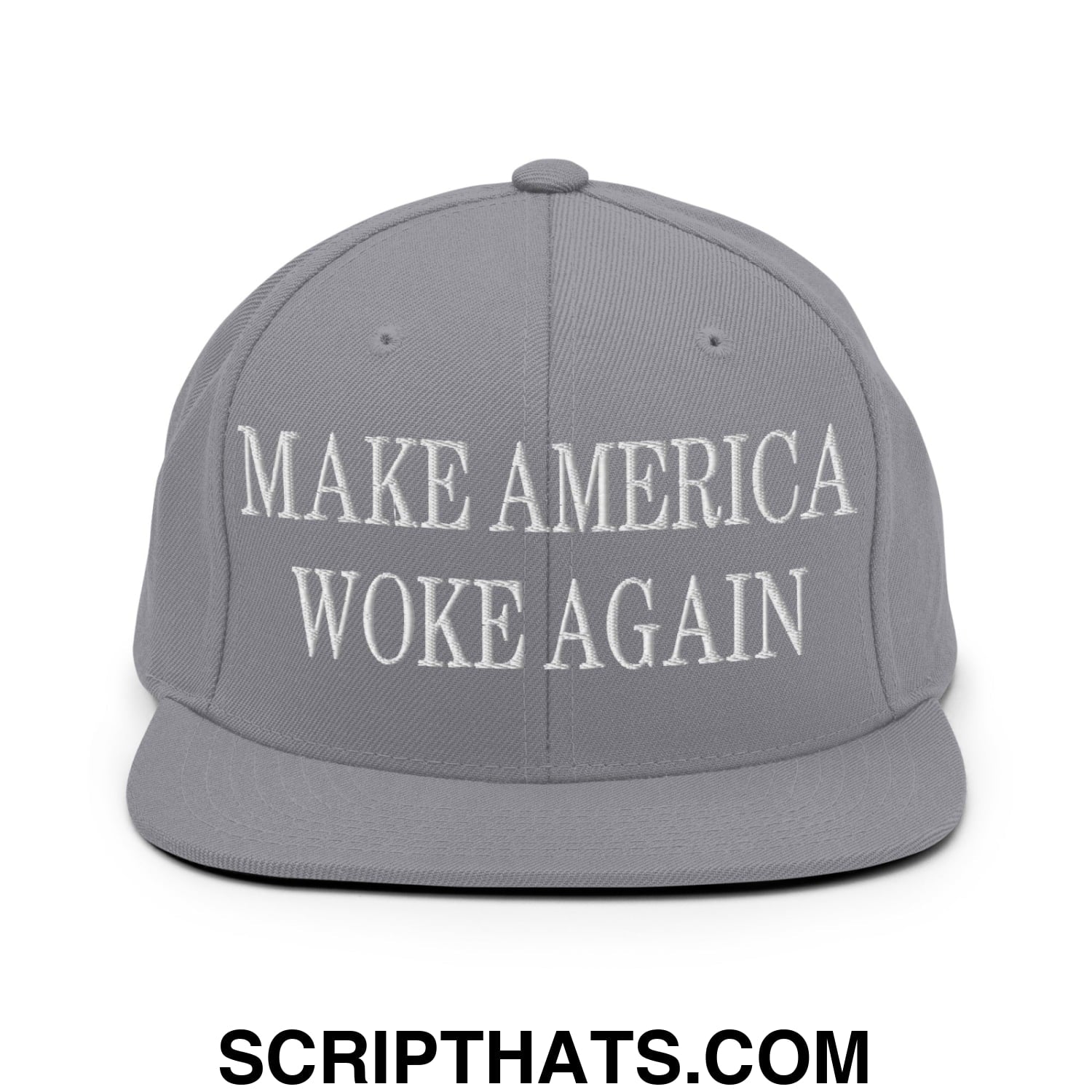 Gray embroidered flat bill snapback hat with white make america woke again text for casual wear