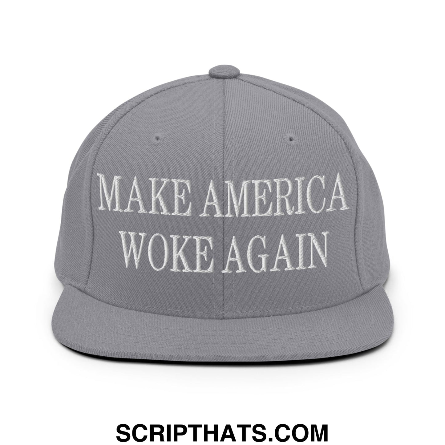 Gray embroidered flat bill snapback hat with white make america woke again text for casual wear