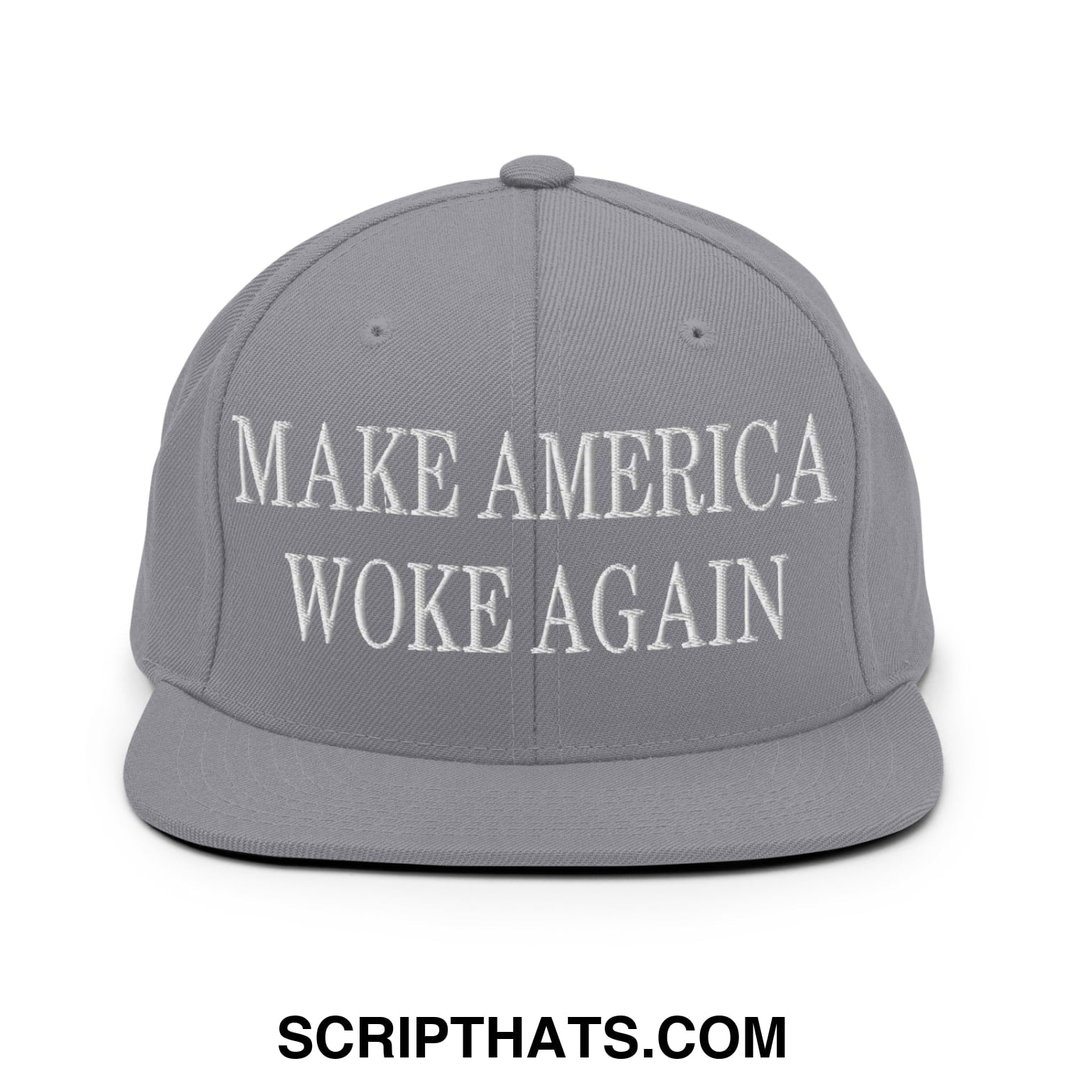 Gray embroidered flat bill snapback hat with white make america woke again text for casual wear