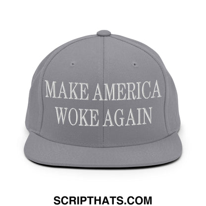 Gray embroidered flat bill snapback hat with white make america woke again text for casual wear