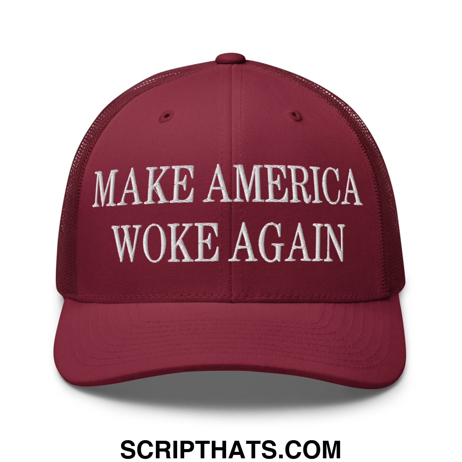 Maroon mesh trucker hat with white embroidered make america woke again text on front panel for casual wear