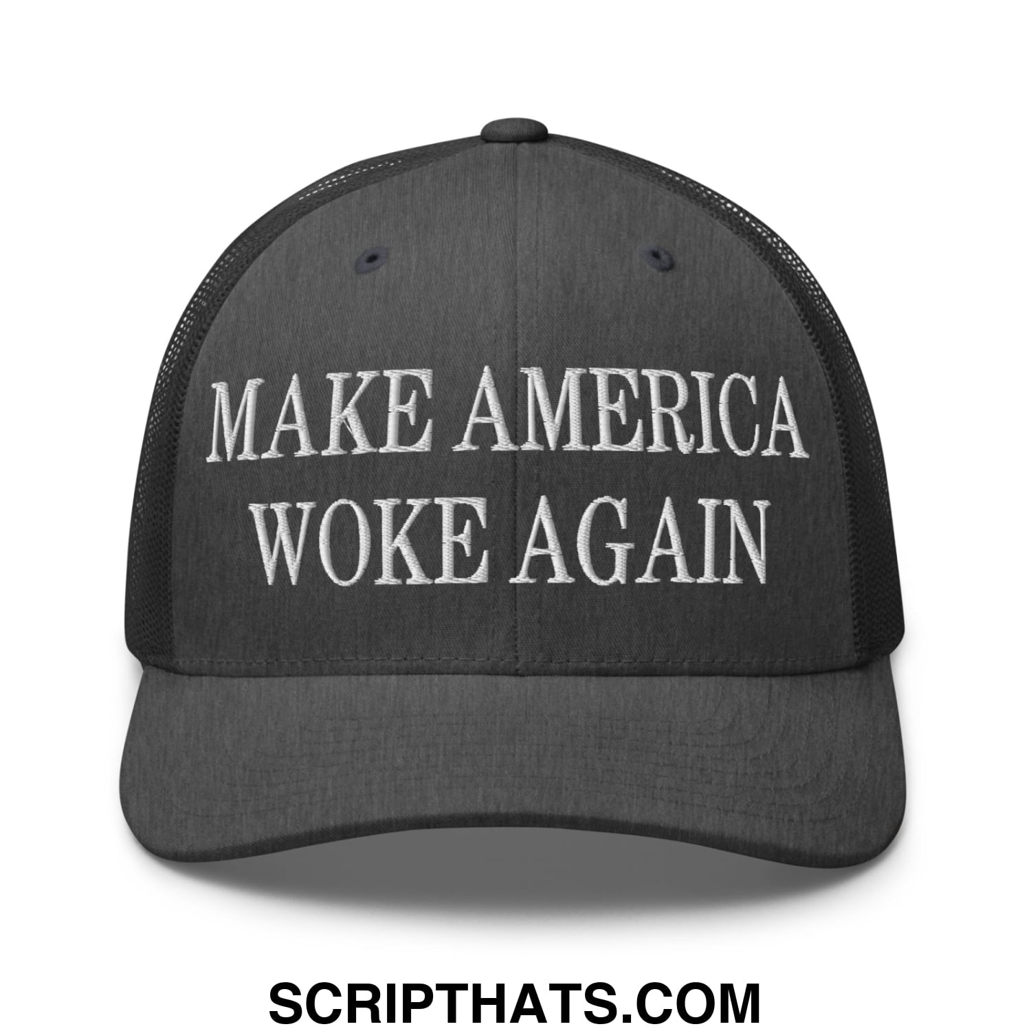 Black embroidered mesh trucker hat with white make america woke again text across the front panel